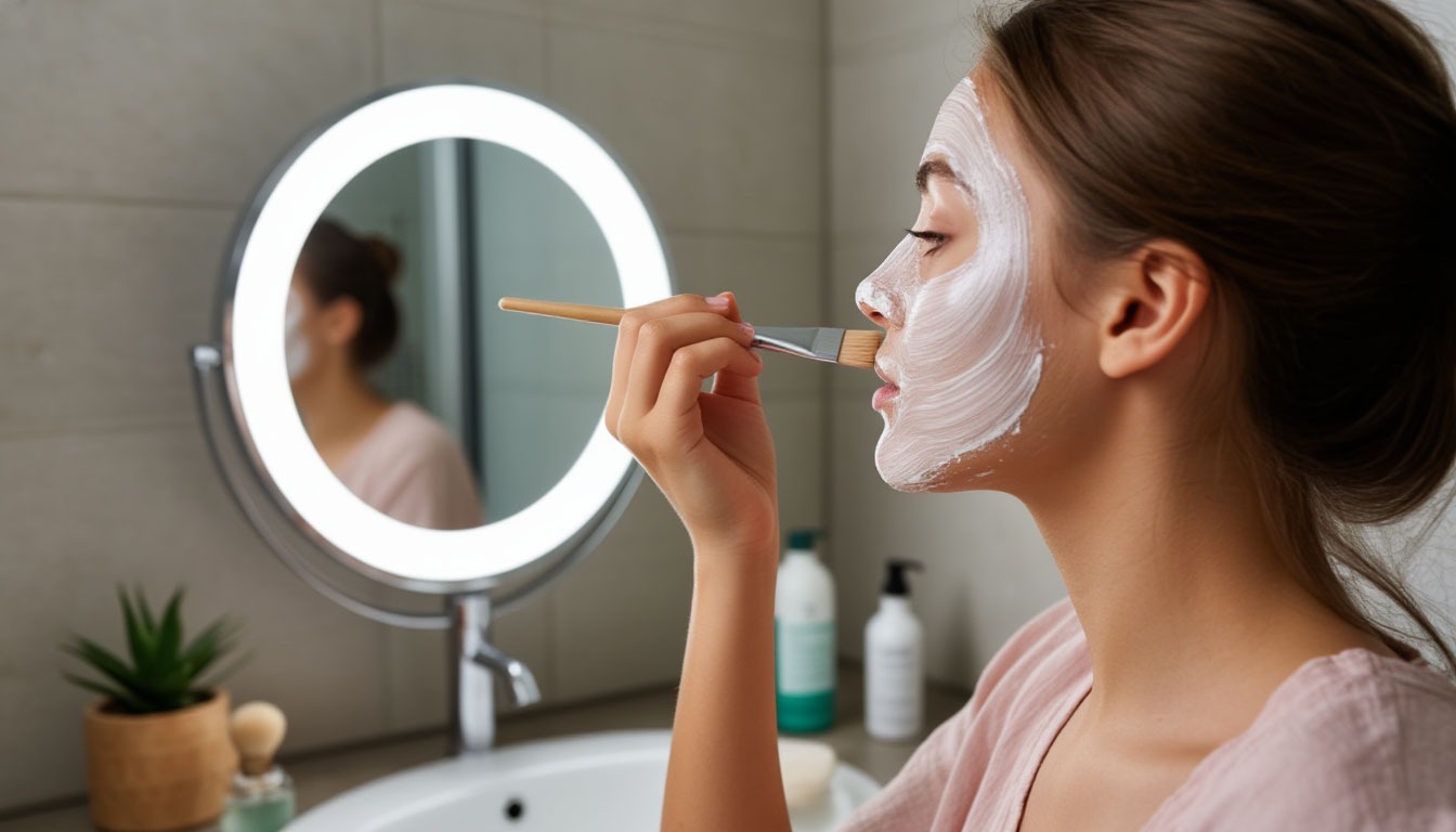 Нанесение пастообразной очищающей маски на лицо дома