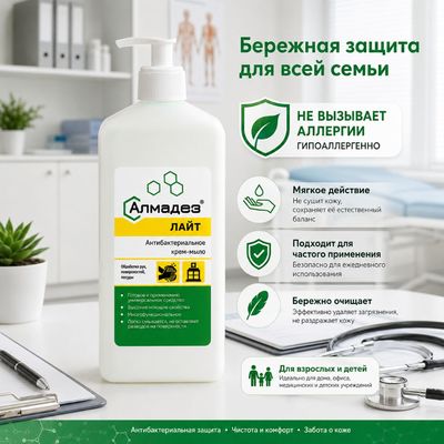 Преимущества антибактериального мыла Алмадез-Лайт 1 л, с дозатором