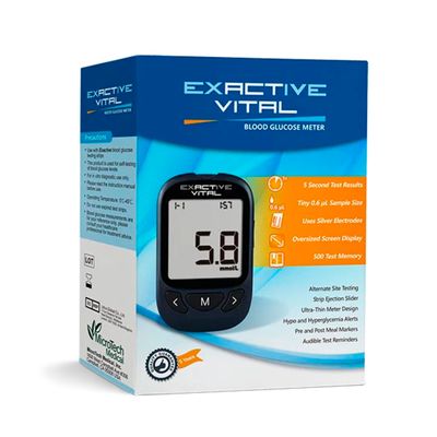 Глюкометр Exactive Vital с ланцетами и прокалывателем упакован в картонную коробку